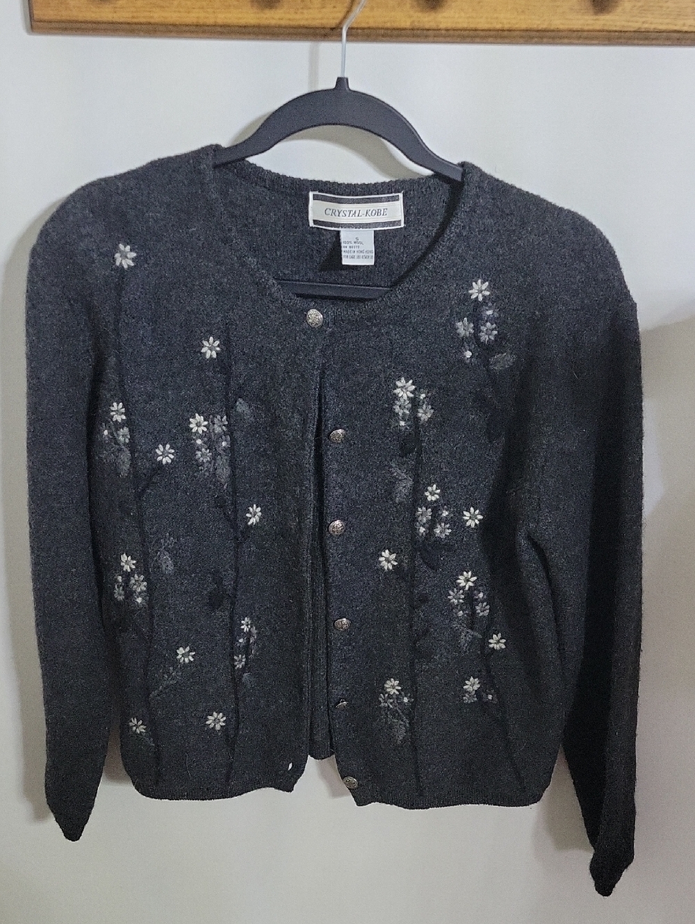 Crystal Kobe 100% Wool Floral Cardigan Sweater, Size S